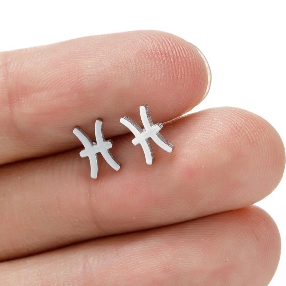 2 FOR $25 18K White Gold (Rhodium) Unisex Pisces Zodiac Sign Minimalist Earrings